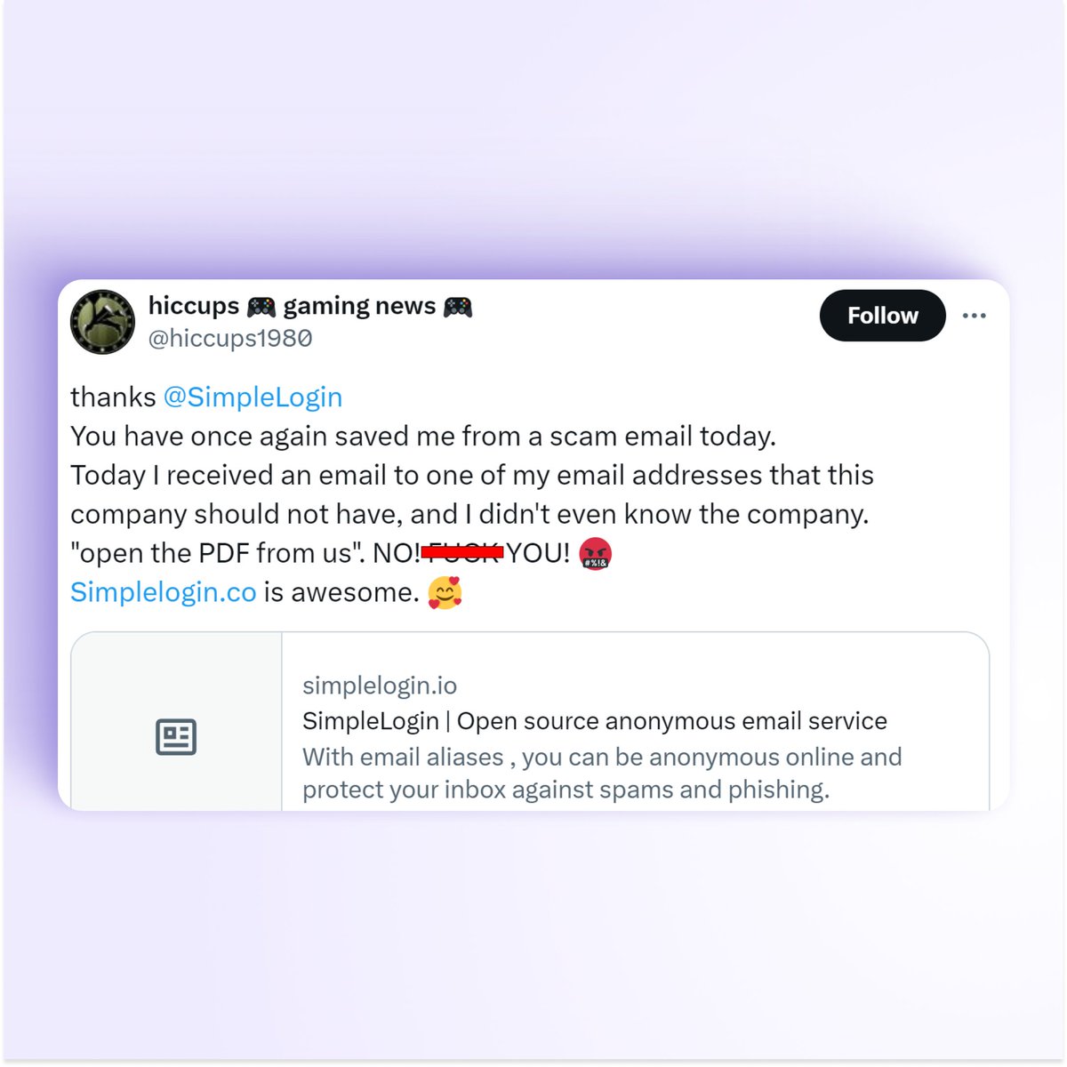 SimpleLogin's tweet photo. The intended use of #SimpleLogin 😍
Make sure to include the website name into each email alias you create on SimpleLogin and find who’s sharing your email addresses (intentionally or not).
https://t.co/HrWIXJQlsu https://t.co/eM6yl0KCXW