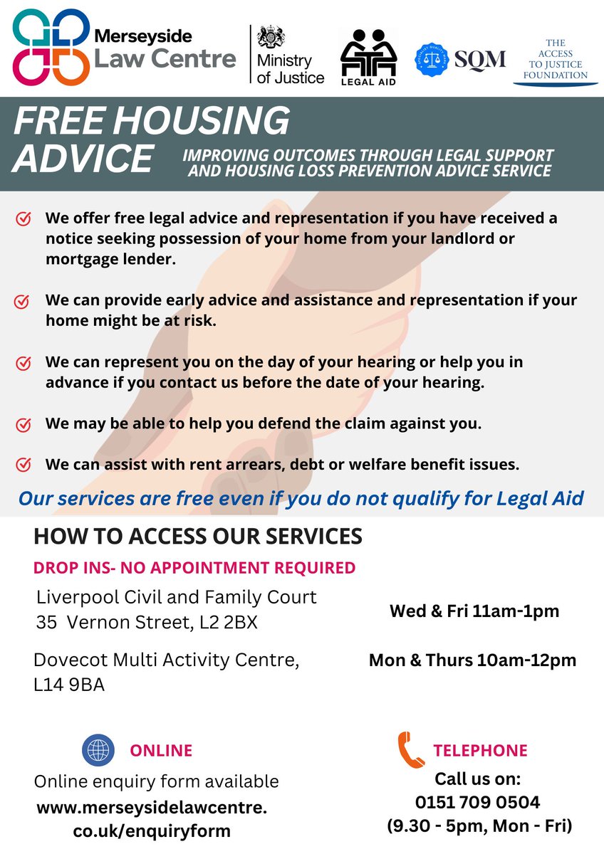 📢 We are at Liverpool Civil &amp; Family Court from 11am-1pm today for our free #housingpossesion advice session.  If your home is at risk, we may be able to help. 

Please go to the first floor and ask at reception to be seen. #accesstojustice #housingadvice  🏡