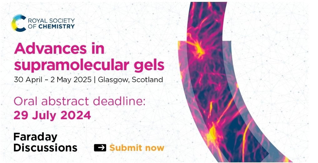 Present your work on #supramolecular #gels among leading experts in the field!
Our <a href="/Faraday_D/">Faraday Discussions</a> #FD_Gels is the ideal forum to advance this important and interdisciplinary field. Be a part of the conversation! Submit your oral abstract by 29 July: invt.io/1txbbx4dqsc