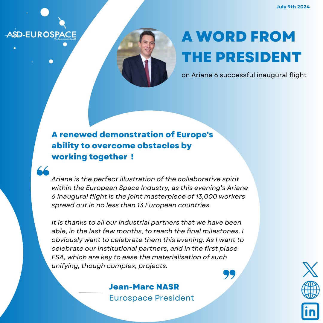 🚀 EUROPE IS BACK 🚀

<a href="/ASDEurospace/">ASD-Eurospace</a>  President @JeanMarc_Nasr celebrates the success of Ariane 6 inaugural flight!

<a href="/ArianeGroup/">ArianeGroup</a> <a href="/Arianespace/">Arianespace</a> <a href="/CNES/">CNES</a> <a href="/esa/">European Space Agency</a>