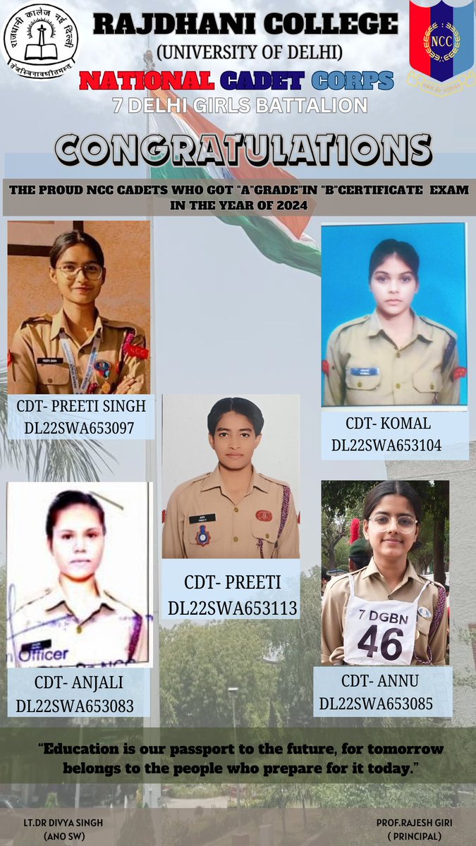 "Hard work beats talent when talent doesn't work hard." 

Jai hind everyone 🇮🇳 
Rajdhani College NCC is proud to announce that 15 of our cadets from the 2022-25 batch have secured an A grade in the B Certificate exam.
Congratulations to all the achievers ⭐
#rajdhanians #7dgbn