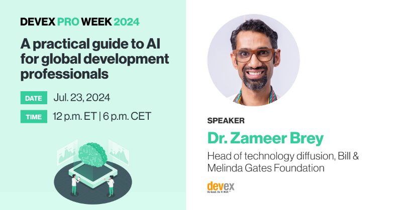 devex's tweet photo. Join us for our Pro event as @catherinecheney sits down with Mustafa Hasnain of @Grant_assistant, @rldistler of @OpenAI, Zameer Brey of @gatesfoundation, and @emadkarim of @UN_Women to discuss how global development professionals can make the most of AI to support their work.