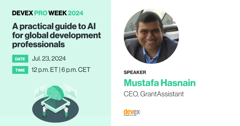 devex's tweet photo. Join us for our Pro event as @catherinecheney sits down with Mustafa Hasnain of @Grant_assistant, @rldistler of @OpenAI, Zameer Brey of @gatesfoundation, and @emadkarim of @UN_Women to discuss how global development professionals can make the most of AI to support their work.