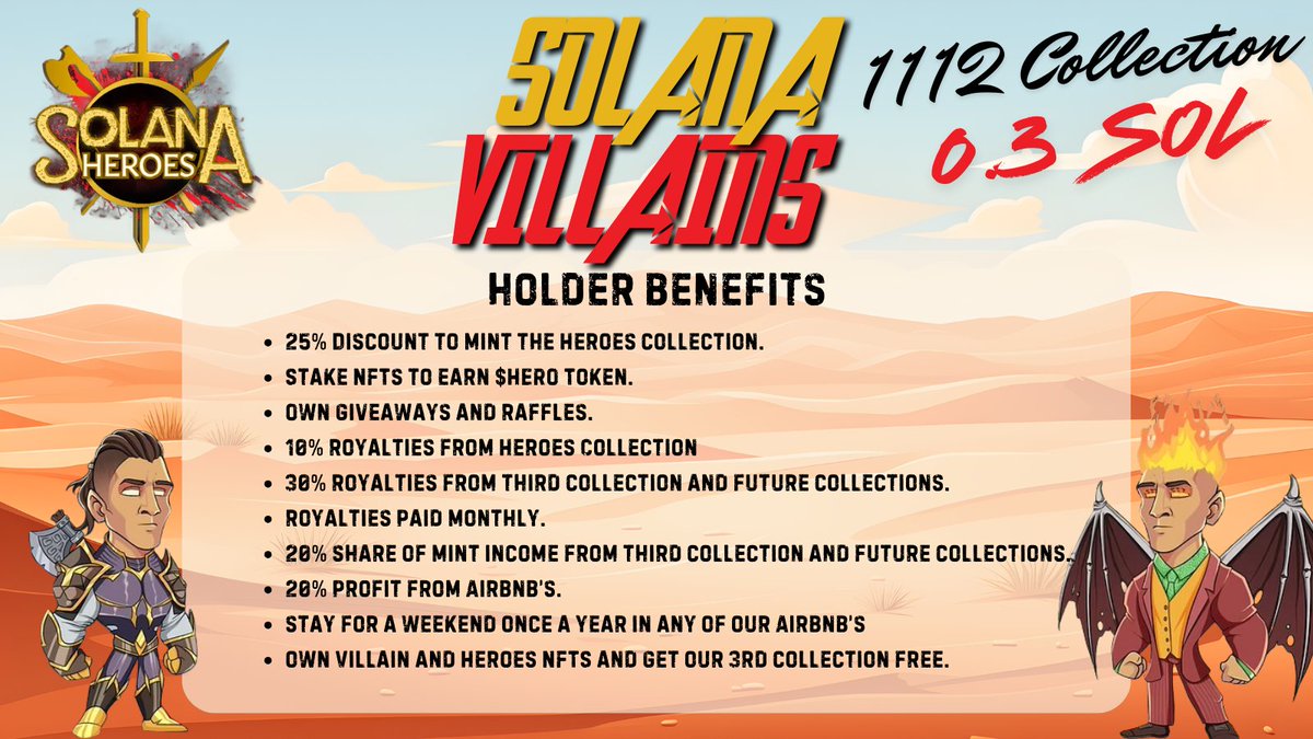 We have two collection minting right now for just .30 SOL.

Villains gets you rev share in everything the projects does including profits from RWA in the form of Airbnb's

Heroes allows you to earn income for any nft, in any wallet on any chain.

The choice is yours on what you