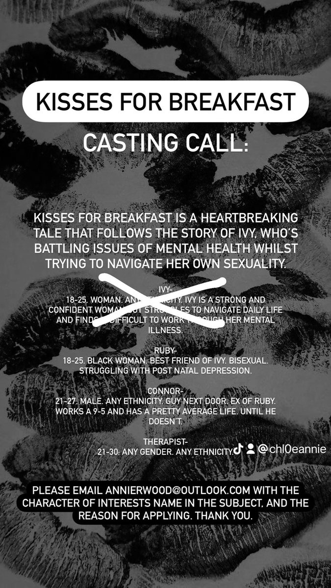 STILL LOOKING FOR MY RUBY, CONNOR AND THERAPIST. PLEASE NO MORE APPLICANTS FOR THE ROLE OF IVY. #castingcall #casting #manchestercasting