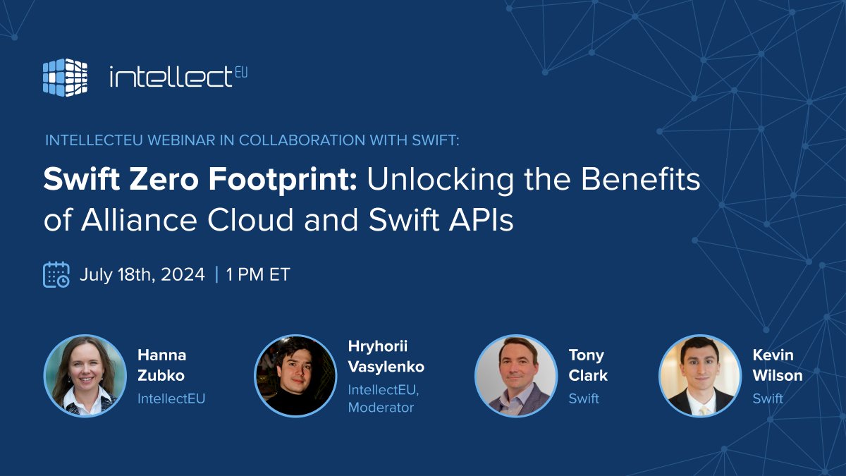 Join us July 18th for 'Swift Zero Footprint: Unlocking the Benefits of Alliance Cloud and Swift APIs'. #IntellectEU experts will share best practices for maximizing Swift's latest payments innovations. 
Register: hubs.la/Q02F-NYM0

#SwiftZeroFootprint #SwiftAllianceCloud