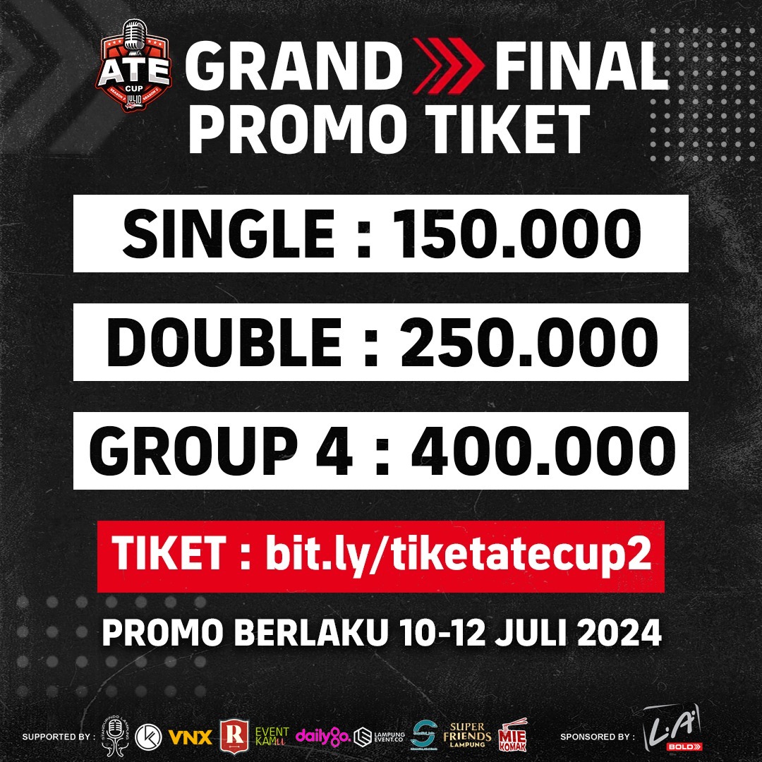 Grand Final Ate Cup 2 semakin dekaaaatt!!
Amankan tiketnya sekarang sebelum menyesal kemudian ❤‍🔥❤‍🔥❤‍🔥