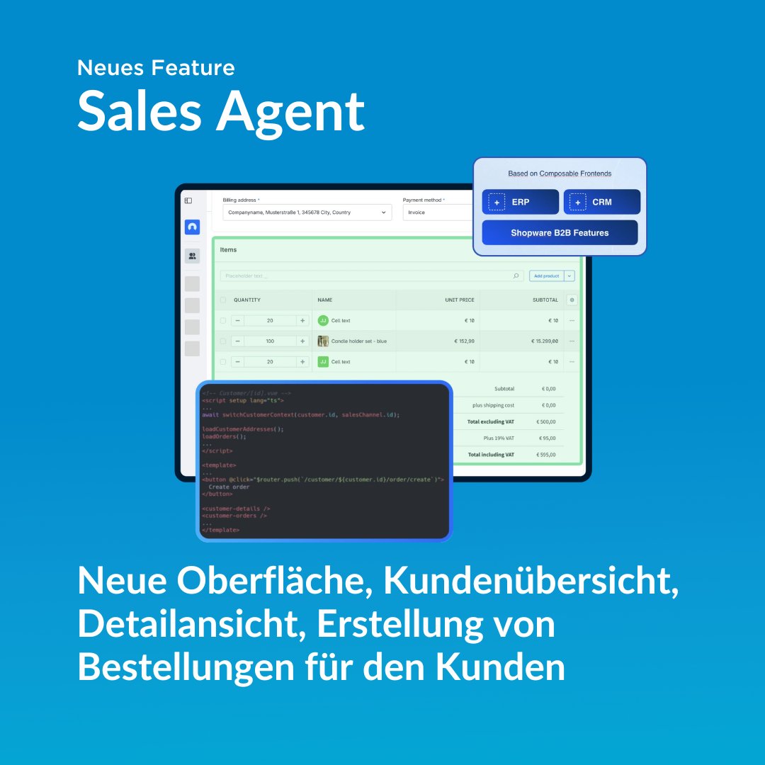 AGIQON's tweet photo. Folgende vier Punkte findet unser Team am neuen Sales Agent von @shopware besonders gut und nützlich für unsere B2B-Kunden aus dem Mittelstand:

1️⃣ Eigene Oberfläche:
2️⃣ Übersicht der Kunden:
3️⃣ Detailansicht des Kunden:
4️⃣ Erstellen einer Bestellung für den Kunden: https://t.co/kT2Jes56Uh