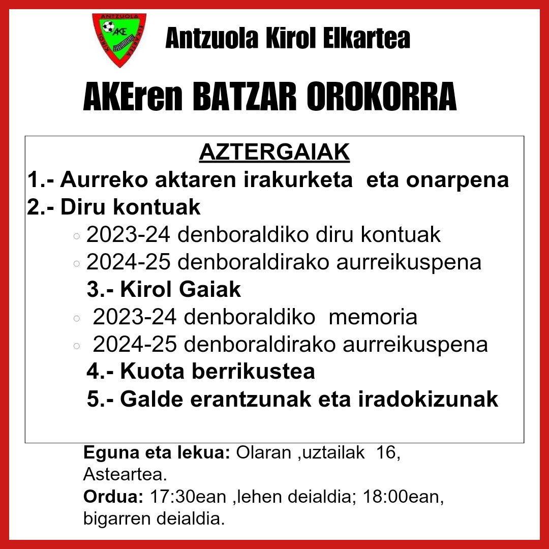🚨BATZAR OROKORRA

Datorren asteartean, uztailak 16, AKEko batzar orokorrak egingo da.