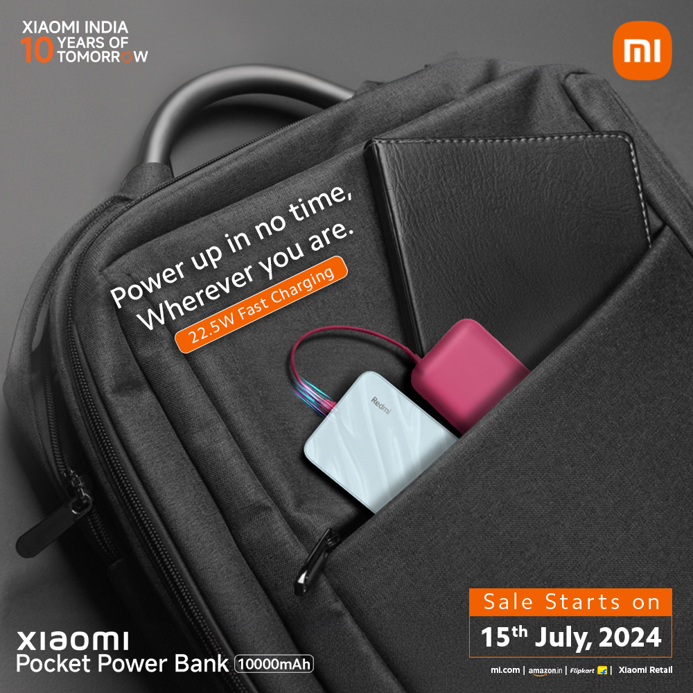XiaomiIndia's tweet photo. Fast charge your way through the day with the #XiaomiPocketPowerBank 10000mAh. Perfect for keeping your devices charged during your busiest days.   

Sale starts on 15th July, 2024. 
Know More: https://t.co/o0VP5RadLH https://t.co/YllKqHwfPP