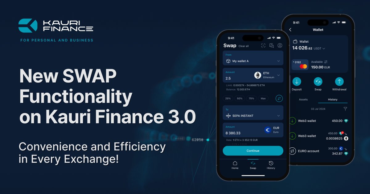 KauriFinance's tweet photo. Introducing the new #Swap functionality to execute complex financial operations in a single order! 💡 

Key benefits:
- Cost Efficiency
- Convenience
- Automation
- Flexibility

Optimize your #financial moves today 👇

📲 https://t.co/SPJLyf5WqN https://t.co/HqsDgKHR6n