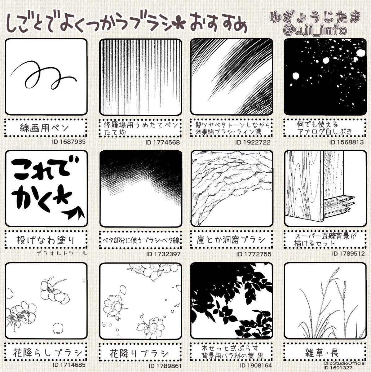 ふだん仕事のモノクロ原稿でお世話になっているツールのうちブラシ(的な)タイプのよく使うものをまとめました。右側が作例です
#オススメペン
#CLIPSTUDIO 