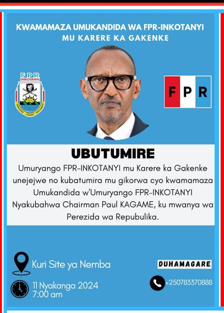 Mrbigmind01's tweet photo. 📍INVITATION POST:
A few hours remain to host our Lovely Chairman of @rpfinkotanyi PAUL KAGAME in @GakenkeDistrict .
We come from far but now Gakenke District is in good hands. Let your cock be your Alarm
#FPRonTop
#ToraKagame24
#VoteKagame https://t.co/PSFnWAdIDh