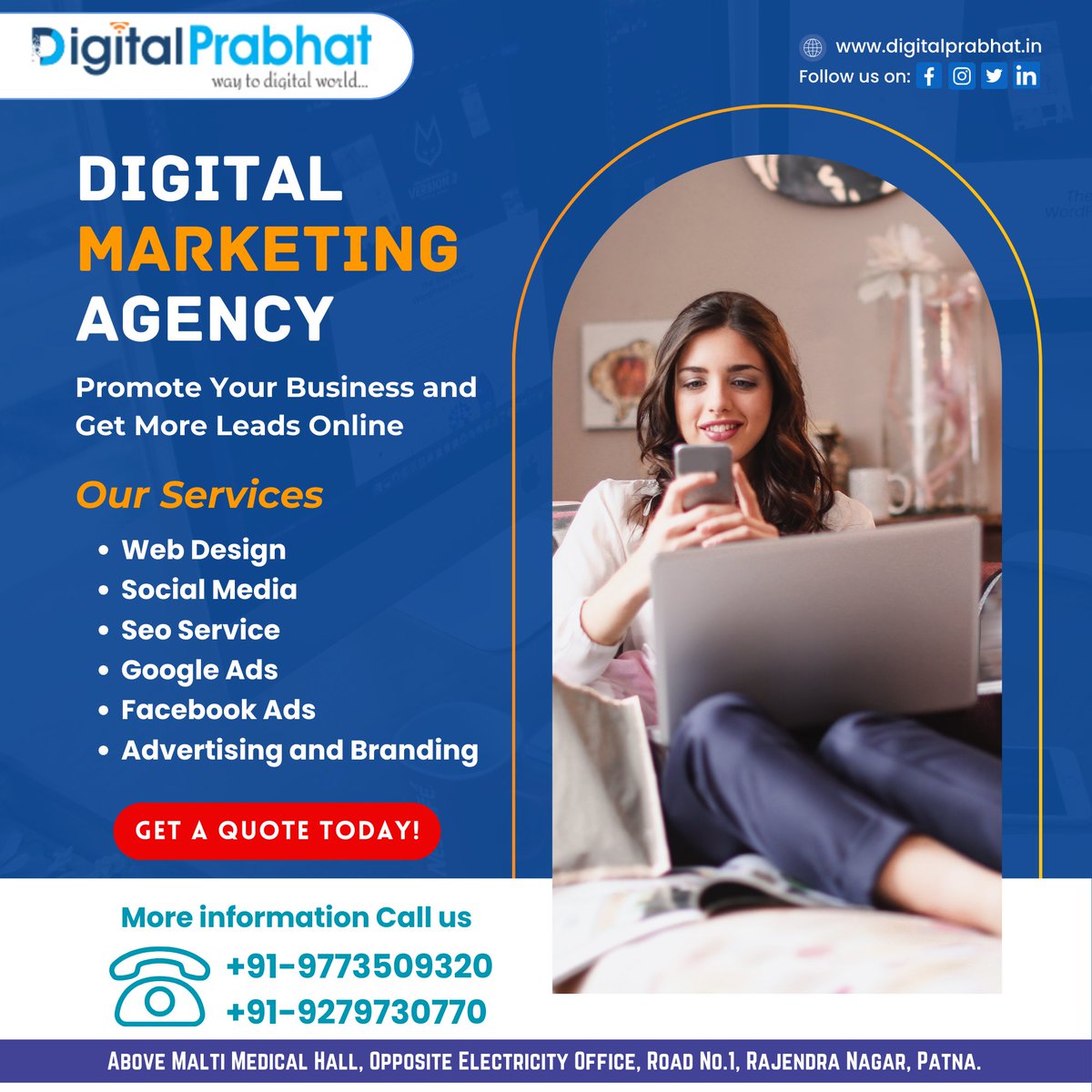 digitalprabhat0's tweet photo. Promote Your Business and Get More Leads Online. Digital Prabhat is a Digital Marketing Company in Patna Provides Digital Marketing Services like Web Development, SEO, SMO, SMM, PPC &amp; Advertising and Branding. Get A Quote Today Call Now or WhtasApp: +91-9773509320 #digitalprabhat https://t.co/2wYdGJXTPI