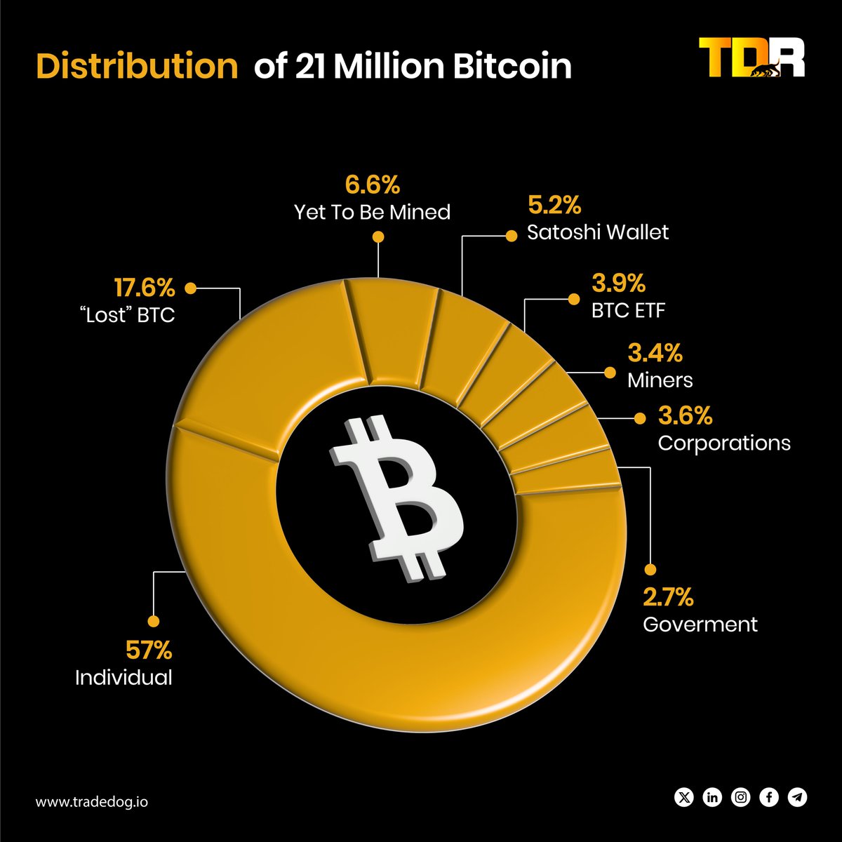 Did you know that out of the total 21 million Bitcoin, 17.6% of it is lost forever?

While many believe that Bitcoin ETFs are a big deal, they actually represent only 3.9% of all Bitcoin in circulation.📈🤔

But here’s something even more intriguing – a massive 57% of Bitcoin is