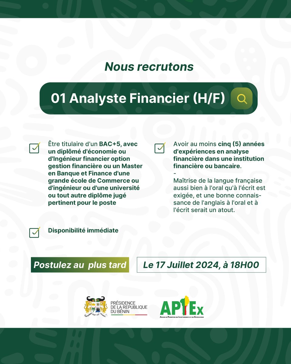 📣Rejoignez nous en tant que Analyste Financier

Postulez ici 👉 urlz.fr/raLu avant le 17 Juillet 2024.

#OsezleBenin 
#BestPlaceToWork
#Waxeho