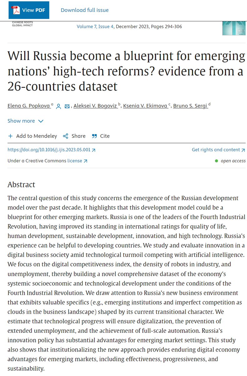 📰#NewArticle in 2023  

"Will Russia become a blueprint for emerging nations’ high-tech reforms? evidence from a 26-countries dataset"  

By Elena G. Popkova, Aleksei V. Bogoviz, Ksenia V. Ekimova and Bruno S. Sergi

#Innovation #technology 

Read more: sciencedirect.com/science/articl…
