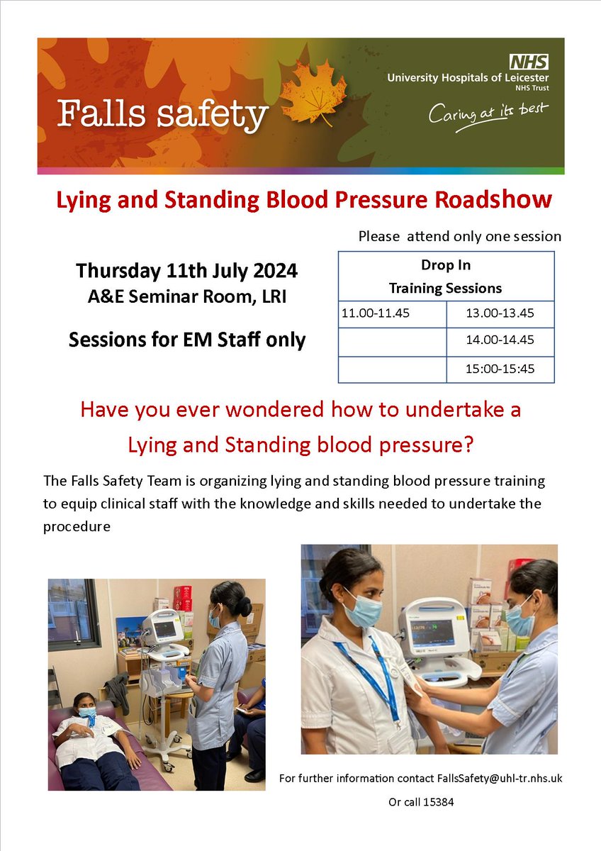 UHL Falls Safety (@fallsuhl) on Twitter photo The Lying and standing BP Road show will be in the Emergency Department tomorrow. For EM staff specific training, do take this opportunity to learn how to do them and helping identifying patients early with postural hypotension <a href="/Leic_hospital/">Leicester's Hospitals</a> <a href="/sueburtonDCN/">Sue Burton</a> The Lying and standing BP Road show will be in the Emergency Department tomorrow. For EM staff specific training, do take this opportunity to learn how to do them and helping identifying patients early with postural hypotension <a href="/Leic_hospital/">Leicester's Hospitals</a> <a href="/sueburtonDCN/">Sue Burton</a>