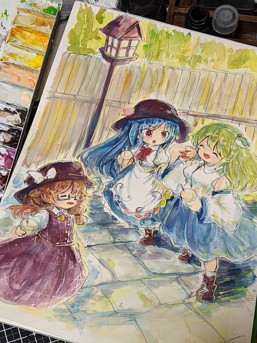 夏コミ新刊の表紙絵製作中。天子と早苗さんと菫子ちゃんのお話。タイトルはまだ未定 