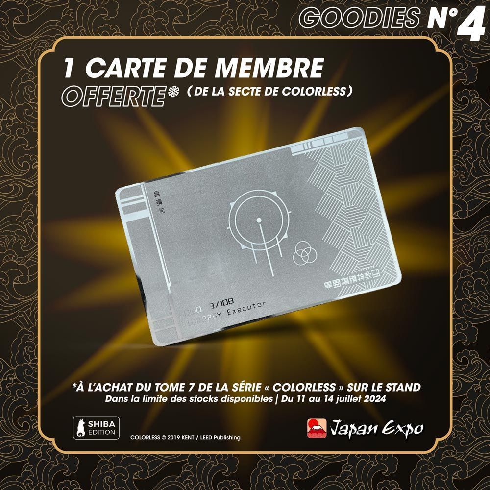 EditionShiba's tweet image. JAPAN EXPO 2024 ⛩️ GOODIES N°4
On termine la présentation des goodies pour Japan Expo. 
Pour l'achat du tome 7 de Colorless, on vous offre cette carte métalique 🌿 
Disponible sur notre stand à Japan Expo 2024 

#manga #colorless #colorlessmanga #seinen #kent #japanexpo