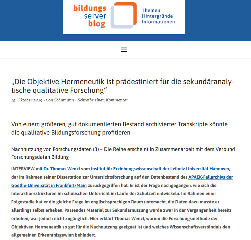 VerbundFDB's tweet photo. „Die #ObjektiveHermeneutik ist prädestiniert für die sekundäranalytische #QualitativeForschung“ sagt Dr. Thomas Wenzl 2019 im #bildungsserverBlog. Ein heute immer noch sehr lesenswertes Gespräch über die Nachnutzung von qualitativen #Forschungsdaten.
📰 https://t.co/F5X6a3j9w7 https://t.co/JgT928N5HY