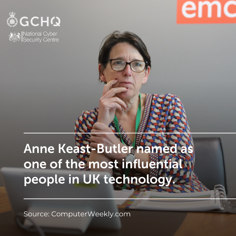 GCHQ's tweet photo. Director GCHQ Anne Keast-Butler and @NCSC CEO Felicity Oswald have been recognised by the @ComputerWeekly #UKtech50
They are named alongside many inspirational leaders and pioneers in the tech industry