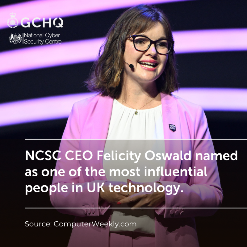GCHQ's tweet photo. Director GCHQ Anne Keast-Butler and @NCSC CEO Felicity Oswald have been recognised by the @ComputerWeekly #UKtech50
They are named alongside many inspirational leaders and pioneers in the tech industry
