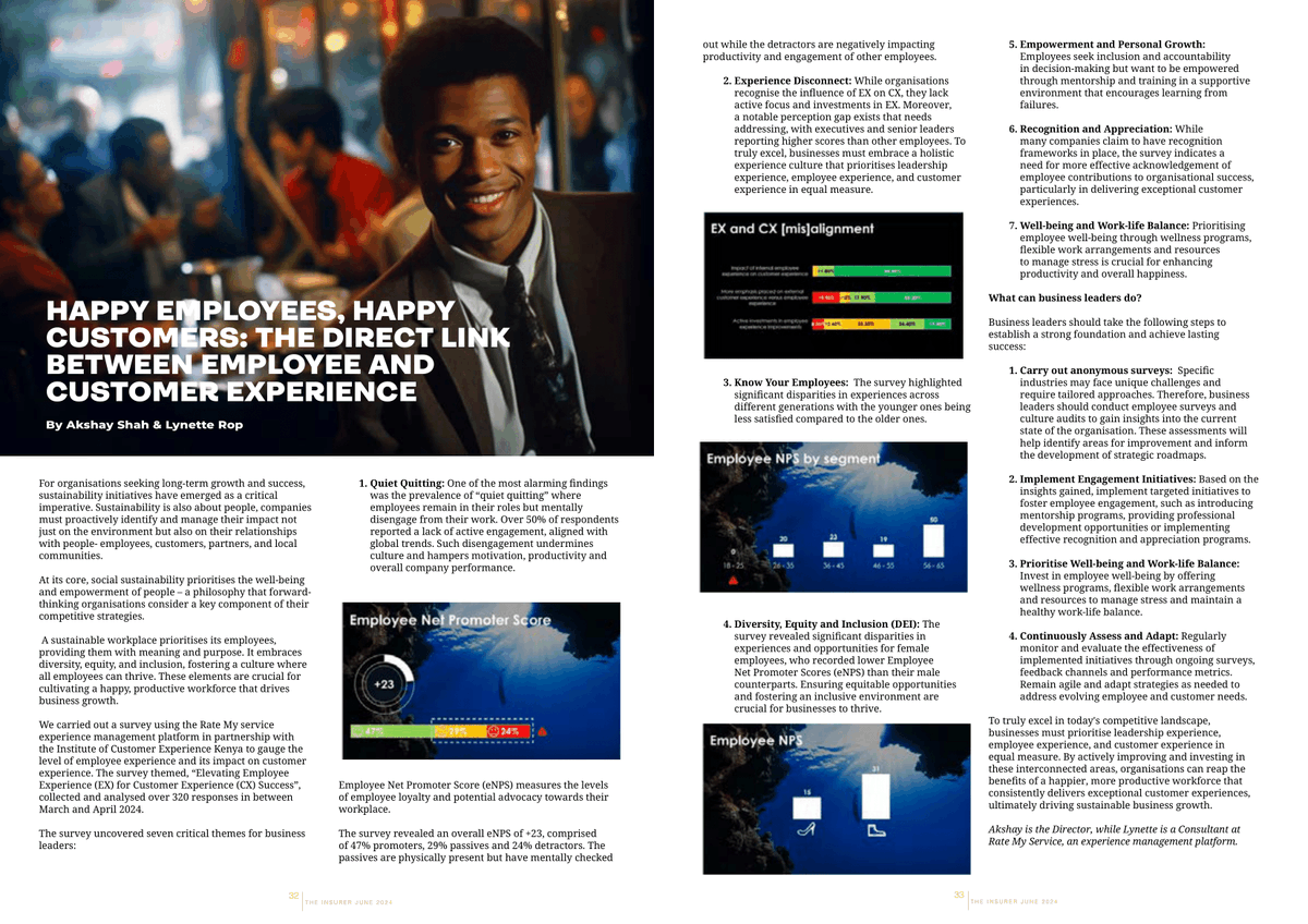 RateMyServiceKE's tweet photo. We're proud to contribute to @AKI_Kenya's latest issue of The Insurer. In this article we talk about why organisations need to prioritise #EXforCXSucess to drive sustainable business growth. The full publication can be read on their website.

@icx_kenya @CGathuru @008Ashah https://t.co/IIjpJmoJCn