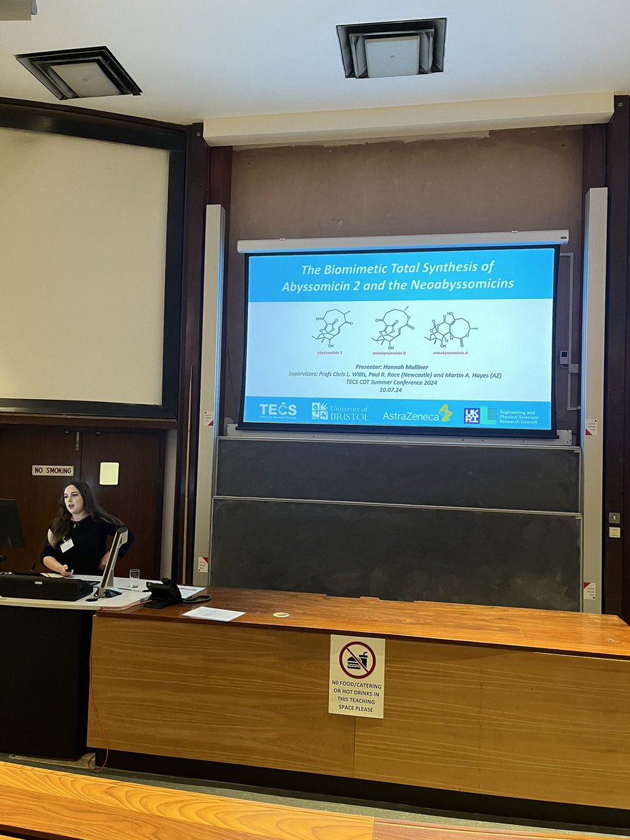 <a href="/NatalieFey_NLS/">Prof. Natalie Fey</a> Following on, we have Hannah Mulliner from the <a href="/Willis_Group/">Willis Research Group</a> taking us on a journey through the bioinspired total synthesis of spirotetronate polyketides! 🎯🧪
#TECS #CDT #EPSRC #biosynthesis
