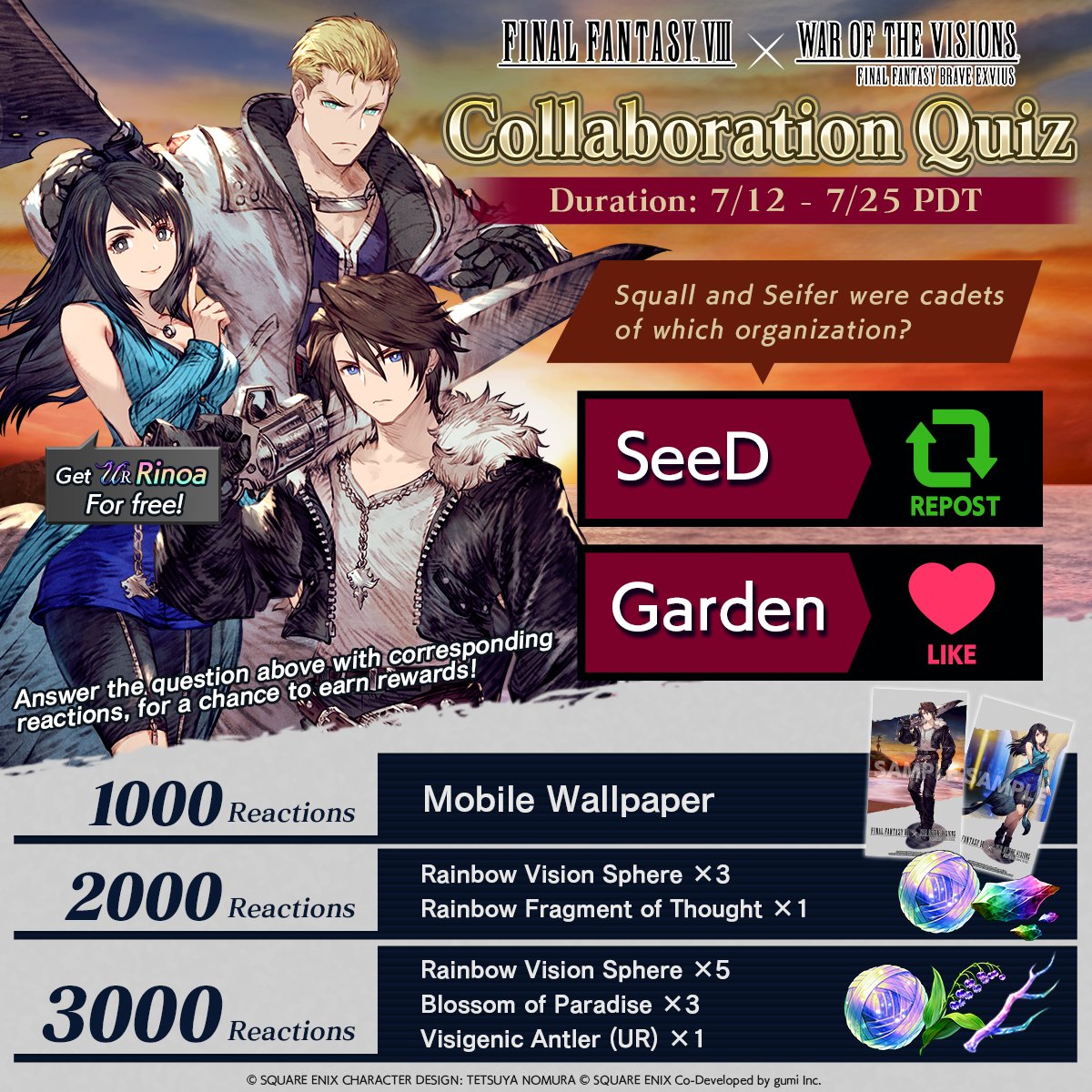 wotvffbe's tweet image. ／
✨#FFVIII x #WOTVFFBE
Collaboration Quiz Campaign✨
＼
Answer the question with reactions/like/repost/comment!
Earn mobile wallpaper and in-game rewards, based on the total number of interactions across all social media platforms!