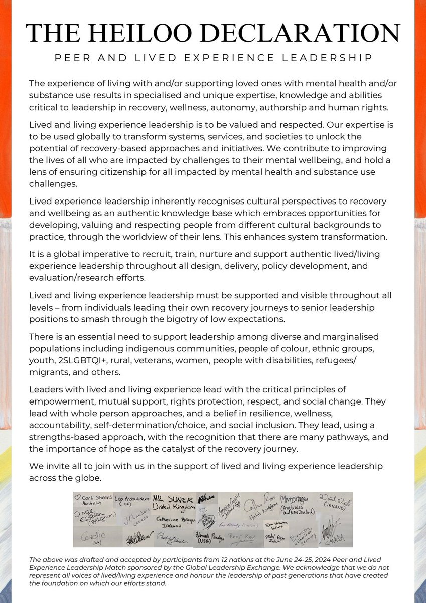 The Heiloo Declaration on Lived Experience at the recent GLE Match  articulates an understanding of lived experience that helps establish lived experience as an epistemology &amp; expertise that needs to be central to the process of recovery for individual experiencing MH challenges