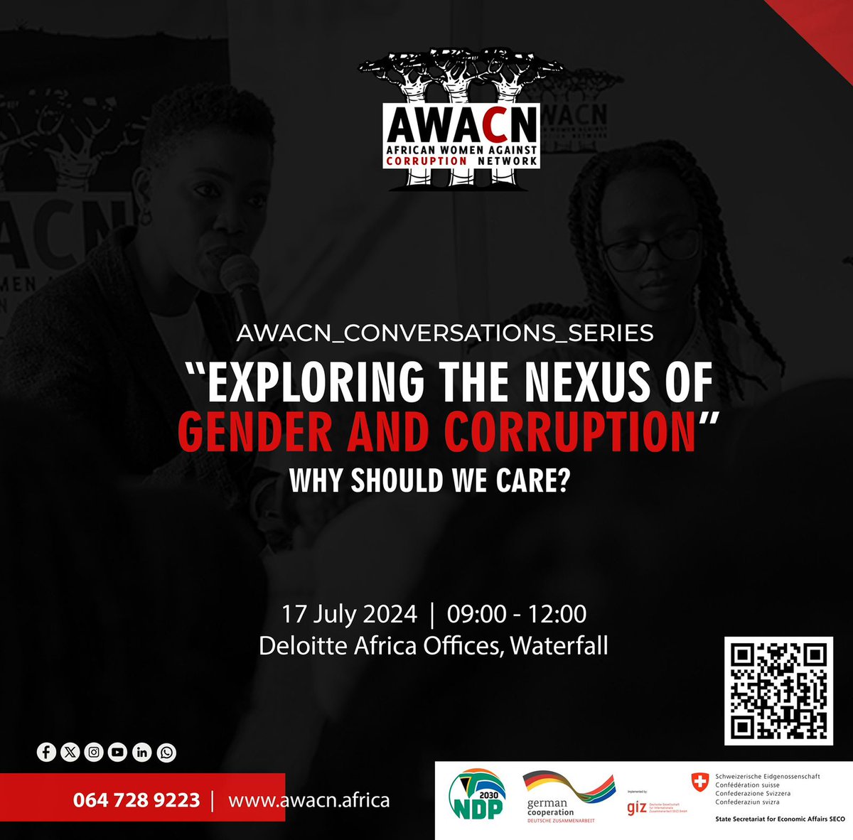 awacn_africa's tweet photo. July is an important month for the Africa Anti-Corruption agenda, where we reflect, take stock and forge ahead towards a Corrupt-free Africa.
This July #AWACN is hosting #AWACN_Conversations where we will be exploring the nexus of #gender and #corruption, asking #whyshouldwecare?
Commemorate #Africa Anti-Corruption Day with us getting #involved, #informed and #empowerd
Scan QR code to register or visit https://t.co/WJGNy2gphk