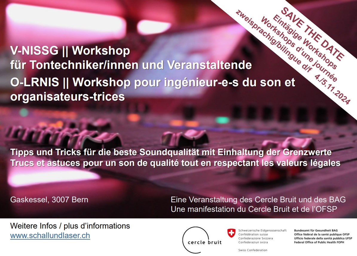 Workshops #VNISSG für #Tontechniker:innen und Veranstaltende: 
Am 4./5.11.2024 führen Cercle Bruit und das #BAG  V-NISSG-Workshops im Gaskessel in Bern durch. Weitere Informationen und Anmeldung in Deutsch und Französisch unter lnkd.in/dq4VebF / lnkd.in/egf8PaR7