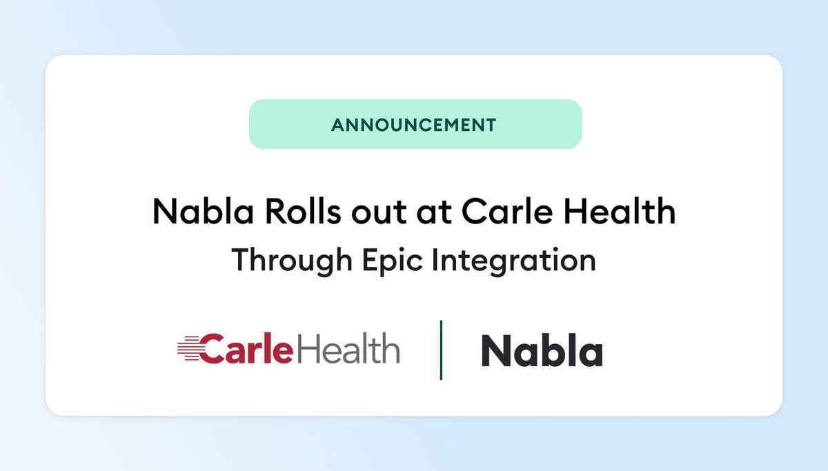 Nabla (@nabla_ai) on Twitter photo Great news! After a successful pilot program, Nabla will be expanded to <a href="/CarleHealth/">Carle Health</a> 1,500 providers.
Clinicians will use the integrated version of Nabla within #Epic on their desktop or mobile devices, experiencing the full value of our ambient AI.
prnewswire.com/news-releases/… Great news! After a successful pilot program, Nabla will be expanded to <a href="/CarleHealth/">Carle Health</a> 1,500 providers.
Clinicians will use the integrated version of Nabla within #Epic on their desktop or mobile devices, experiencing the full value of our ambient AI.
prnewswire.com/news-releases/…