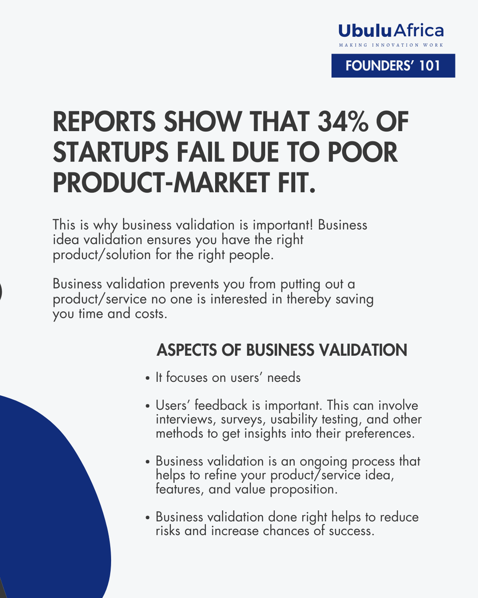 UbuluAfrica's tweet image. Business idea validation ensures you have the right product for your identified audience. Here are some questions to help you validate your business idea for high-impact. Are you able to adequately answer these questions?👇🏾👇🏾

#founders101 #venturebuilding #founders #startups