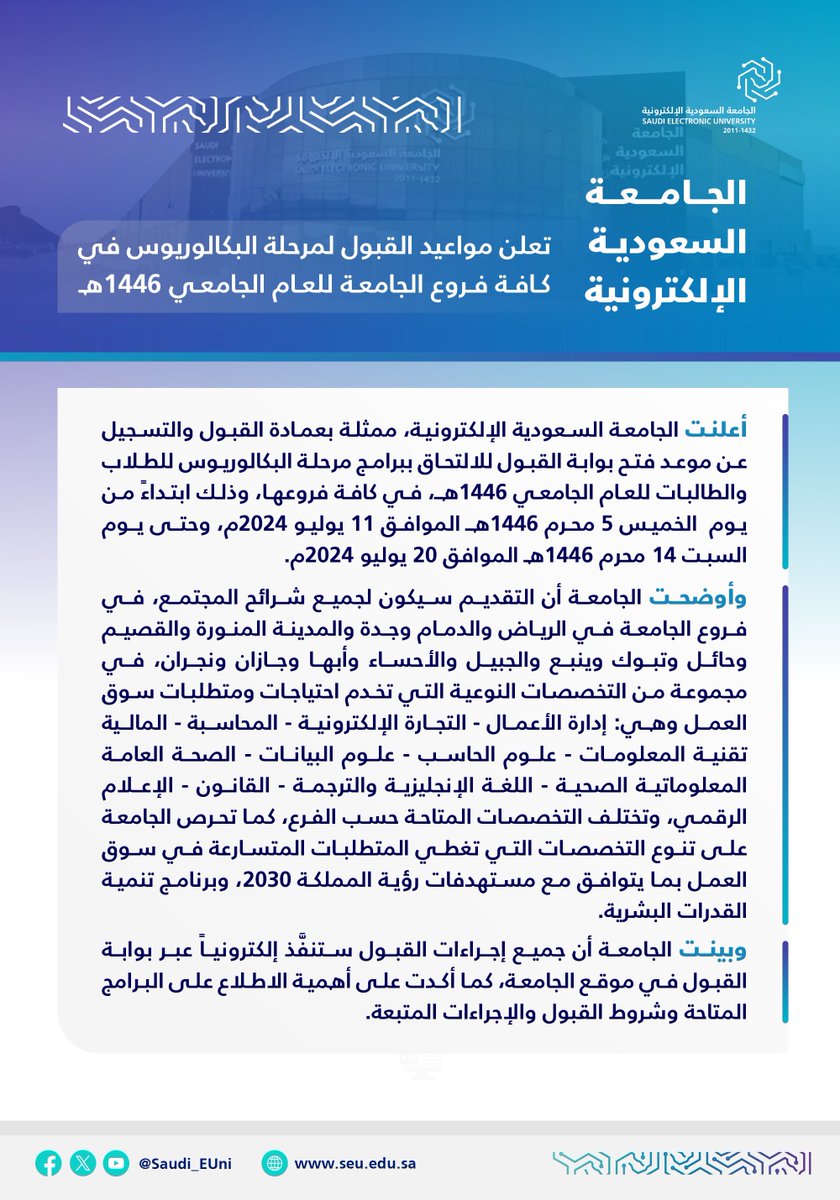 Saudi_EUni's tweet photo. #خبر| #الجامعة_السعودية_الإلكترونية تعلن مواعيد القبول لمرحلة البكالوريوس في كافة فروع الجامعة، للعام الجامعي 1446هـ.

 #رواد_تعليم_المستقبل https://t.co/RaCmbQXc6Z