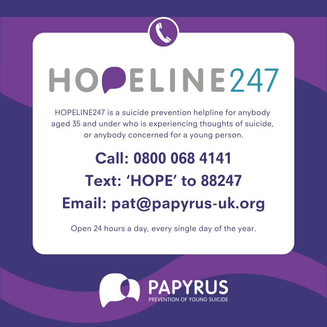 Advisers on HOPELINE247 are here for you, day and night, to offer free and confidential suicide prevention support.

Call 0800 068 4141, text 'HOPE' to 88247, or email pat@papyrus-uk.org 💜

#SuicidePrevention