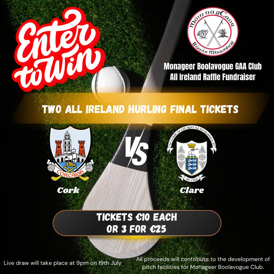 🏆 Win Two All-Ireland Hurling Final Tickets! 🏆

Don't miss the chance to see Cork vs Clare on Sunday, 21st July in Croke Park! 

🎟️ Draw Date: 19th July
🎟️ Ticket Prices:
- €10 for one ticket: (buy.stripe.com/00g6s8dr50PM6i…)

- €25 for three tickets: (buy.stripe.com/14k8Agev9buqgW…)