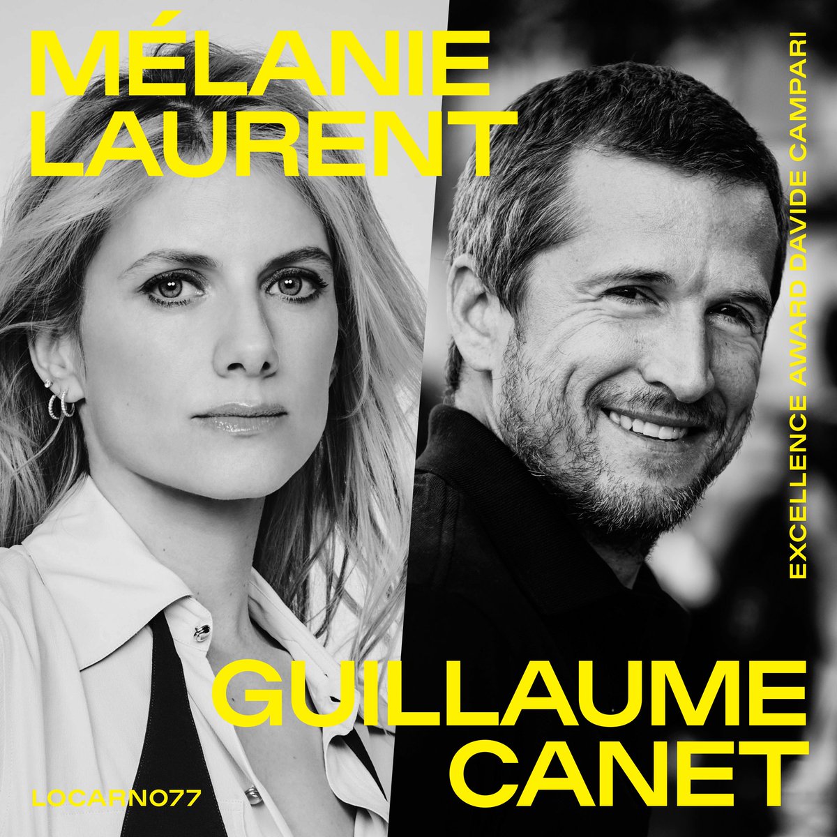 The stars will shine bright at #Locarno77!

#MélanieLaurent and #GuillaumeCanet, two major stars of French cinema known for their range and their eclectic filmographies, will be the joint recipients of the Excellence Award Davide <a href="/campari/">Campari</a>.