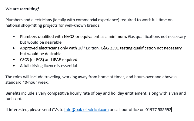 Oak_Electrical's tweet photo. We are recruiting! https://t.co/gzX6a8EM0T