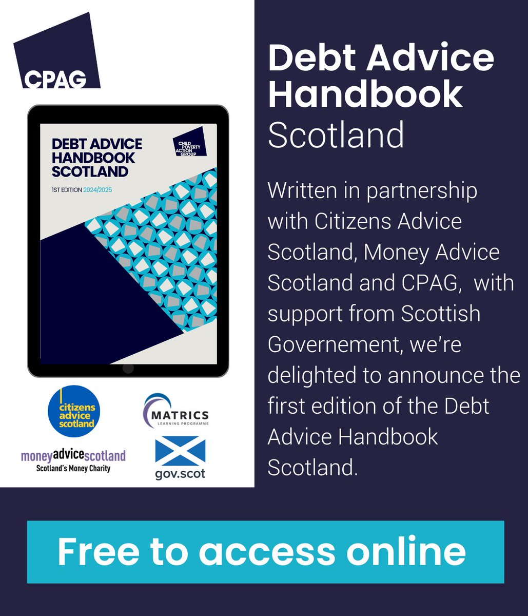 The new Debt Advice Scotland Handbook, by <a href="/CPAGUK/">Child Poverty Action Group</a> with <a href="/CitAdviceScot/">Citizens Advice Scotland</a> &amp; <a href="/moneyadvicescot/">MoneyAdviceScotland</a>, supported by @ScotGov is now available for free online.
View now: bit.ly/460SHP5