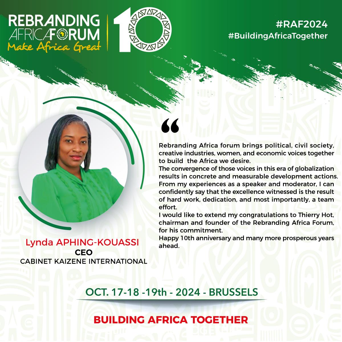 "#RAF brings political, civil society, creative industries, women &amp; economic voices together to build the #Africa we desire." said <a href="/LyndaAphing/">Lynda Aphing-kouassi</a>  CEO of <a href="/Kaizene_Conseil/">KAIZENE</a>
🚩Join us bit.ly/inscriptionRAF… from Oct 17th to 19th in #Bxl for the #RAF2024 #BuildingAfricaTogether #RAF10