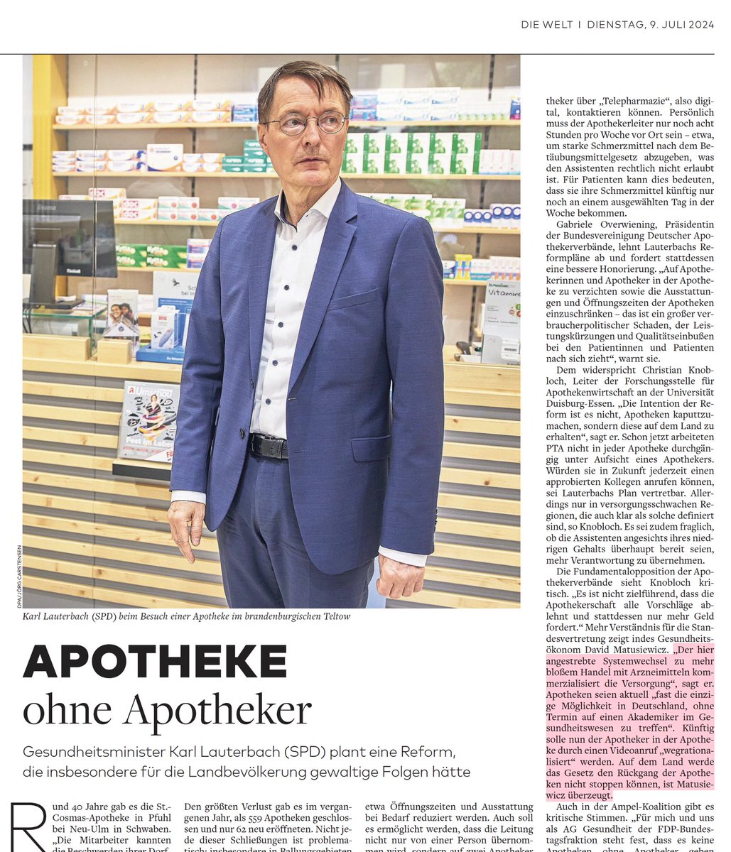Mein Interview in Welt zur aktuellen Apothekendiskussion. <a href="/Karl_Lauterbach/">Prof. Karl Lauterbach</a> - wäre ein Ministerium ohne Minister auch denkbar? 🧐 <a href="/welt/">WELT</a> welt.de/politik/deutsc…