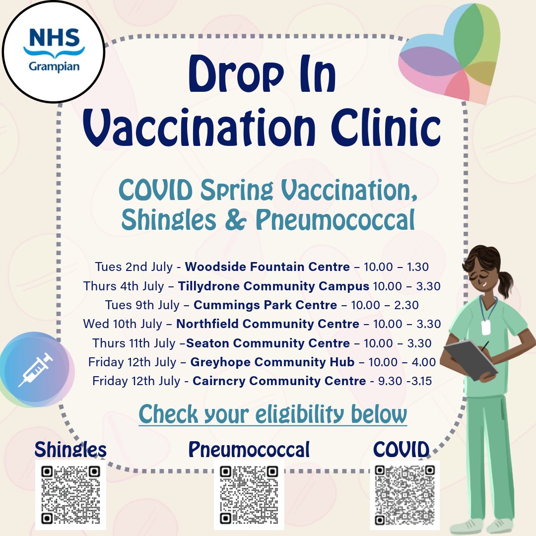 Vaccination Team at Northfield Community Centre today 10th July holding pop up clinic for Covid, Shingles and Pneumococcal from 10 - 3.30pm. Please share widely <a href="/NHSGrampian/">NHS Grampian</a> <a href="/HSCAberdeen/">Aberdeen City HSCP</a>