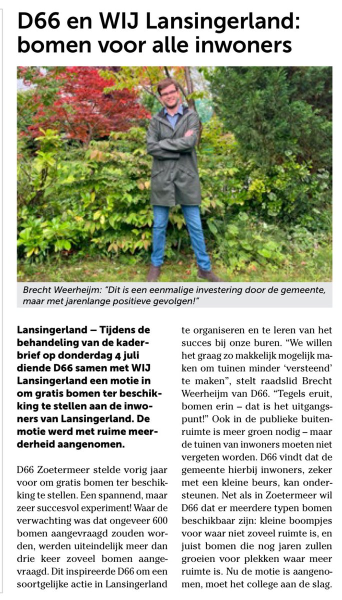 #D66 zet zich in voor meer groen in #Lansingerland. Samen met <a href="/WIJ_LL/">WIJ Lansingerland</a> diende <a href="/BrechtWeerheijm/">Brecht Weerheijm</a> hiervoor een motie in, naar voorbeeld van <a href="/D66zoetermeer/">D66 Zoetermeer</a>. 🌳💚

Lees meer in de <a href="/heraut_online/">De Heraut</a> hieronder of via d66.nl/lansingerland/…