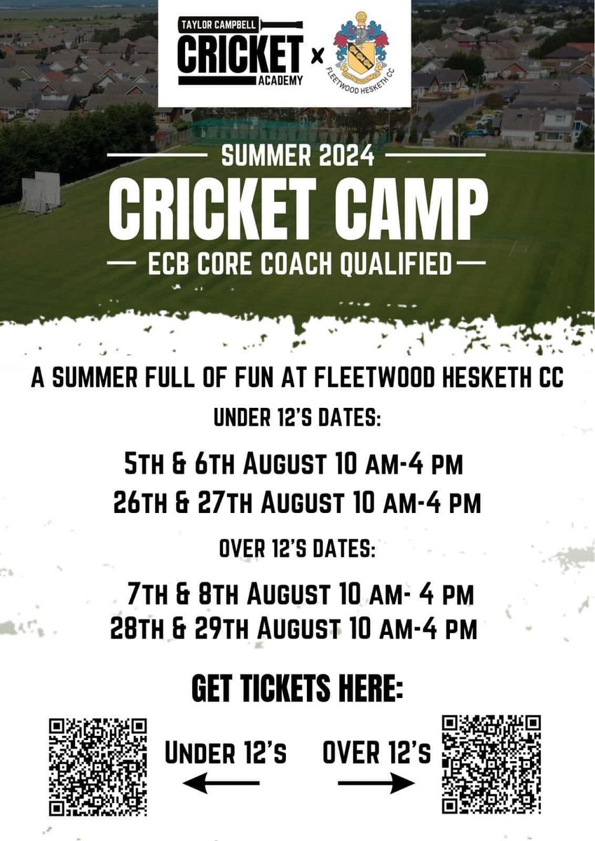 Summer Camps at Sea Cop are back!🏏

With ECB qualified coaches providing quality, and fun sessions throughout the summer!!

Scan the QR Code or click the link to sign up🔗:
UNDER 12s: eventbrite.com/e/taylor-campb…

OVER 12s: eventbrite.com/e/taylor-campb…

Book your place ASAP!🏏🔵🟡