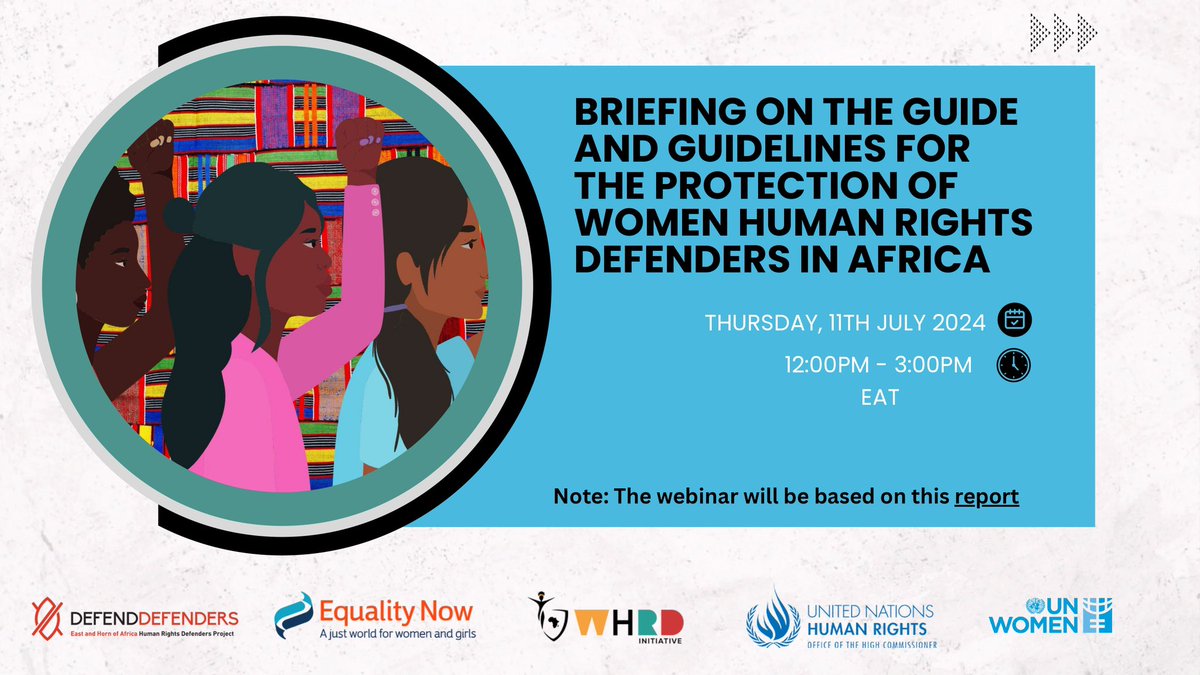OHCHR_ESARO's tweet photo. Join us tomorrow, July 11 for an exclusive online briefing on the “Guide and Guidelines on the Protection of Women Human Rights Defenders in Africa”.  

This session aims to equip #WHRDs with vital knowledge and tools for advocacy and protection. 

#StandUp4HumanRights https://t.co/M3FkWaskzU