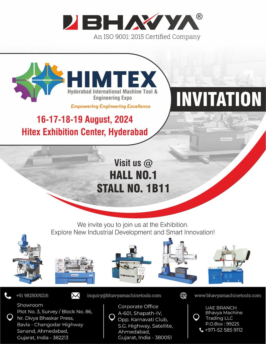 machinery_tools's tweet image. Bhavya Machine Tools invites you at @HimtexI from August 16-19, 2024, at Hitex Exhibition Center, Hyderabad. Visit us at Hall 1, Stall 1B11 to explore new industrial developments &amp;amp; the latest in machine tool technology. 
visit at - bhavyamachinetools.com

#bhavyamachinetools