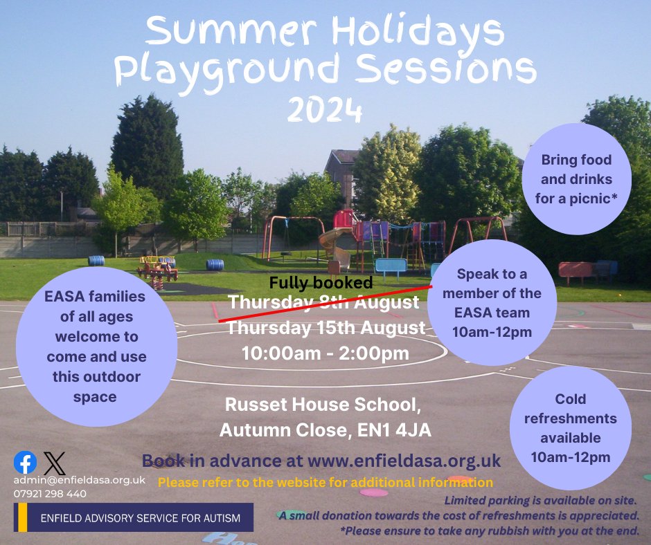 Please join us for a Summer Holidays Playground Session at Russet House in August.
The first date is now fully booked but there are still spaces available for Thursday 15th August.

Visit our website for more information and to book your place.
enfieldasa.org.uk
