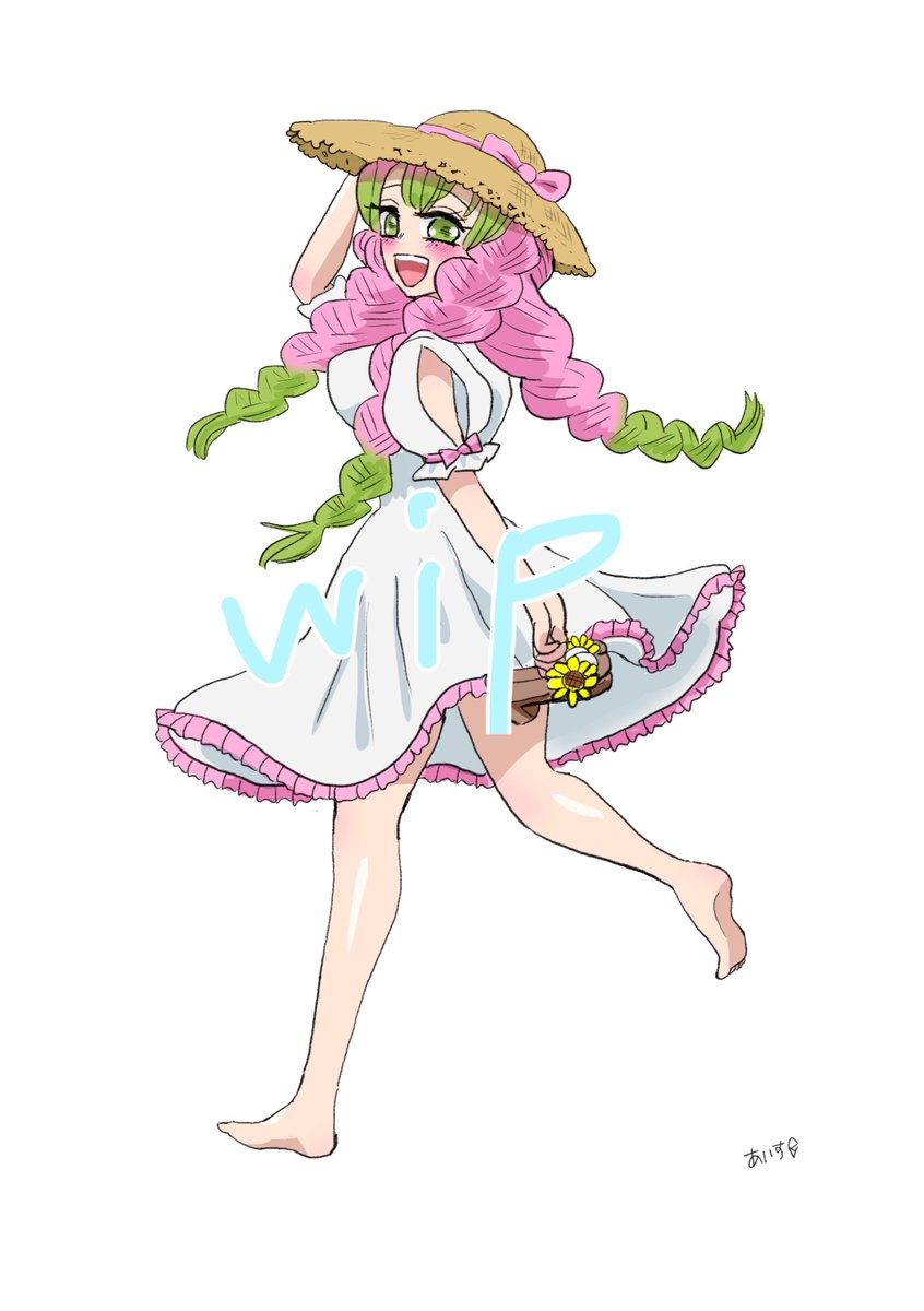 甘露寺蜜璃 「wip 2021ねんのさんの夏イベ衣装かわいいですよね あとで背景かくぞい」|あいすのイラスト